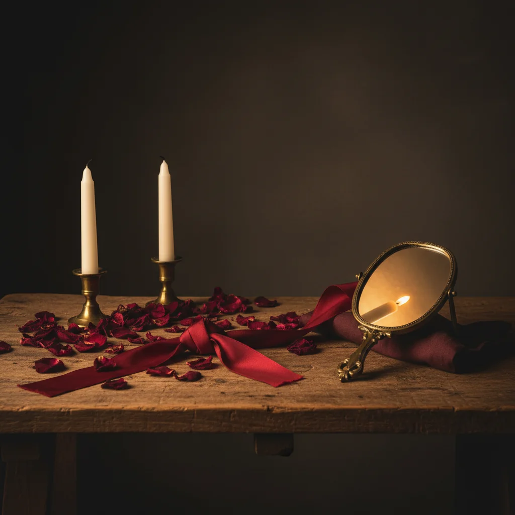 Altar con velas y cinta roja para amarres de amor
