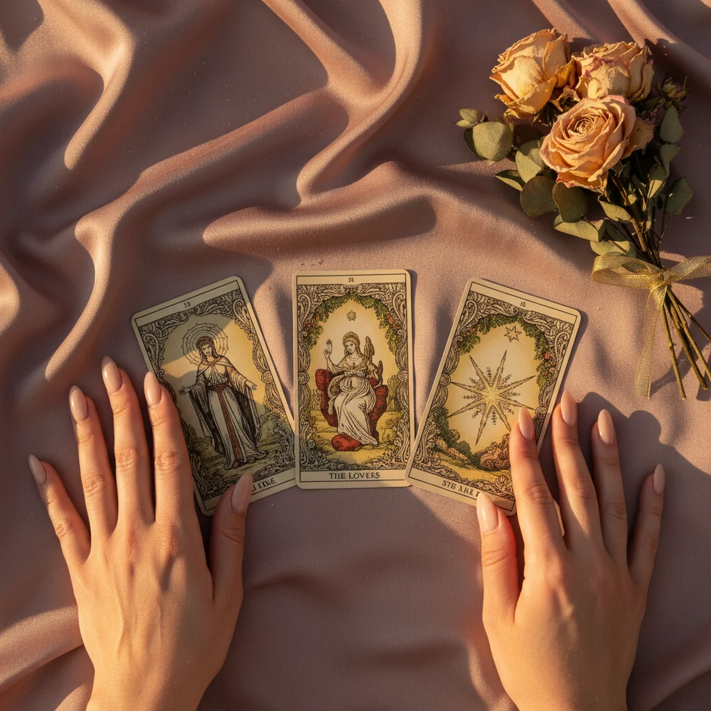 Cartas de tarot del amor sobre seda rosa